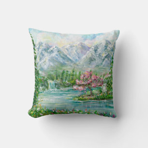 Spring mountain landscape. Original acrylic hand p Throw Pillow