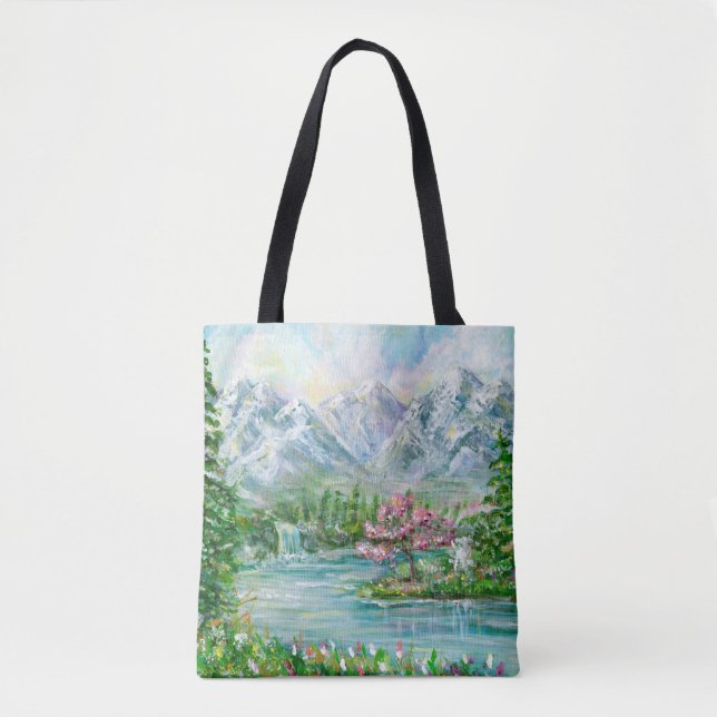 Spring mountain landscape. Original acrylic hand p Tote Bag (Front)