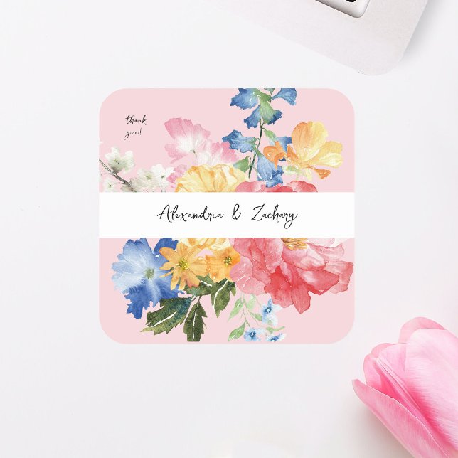 Spring Multi Colour Florals Thank You - Pink Square Sticker (Creator Uploaded)
