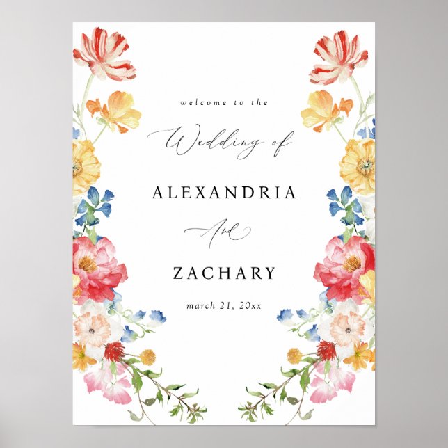 Spring Multi Colour Florals Wedding Welcome Sign (Front)