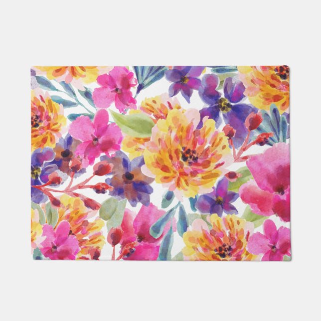 Spring Multicolor watercolor floral bloom Doormat (Front)