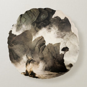 Spring Mystic Fox Misty Mountain Minimalist Zen Round Pillow