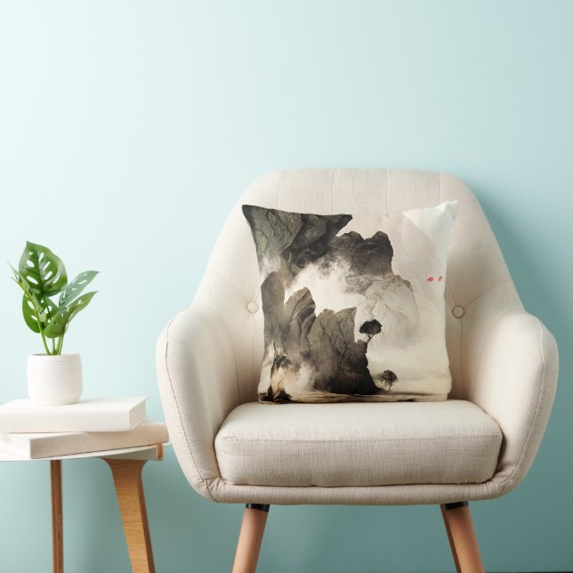 Spring Mystic Fox Misty Mountain Minimalist Zen Throw Pillow (Chair)