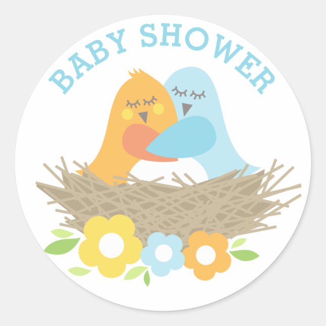 Spring Nesting Birds Baby Boy Shower Classic Round Sticker (Front)