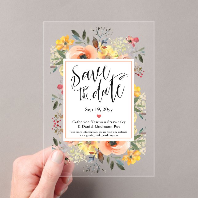 Spring Orange Yellow Floral Save the date  Acrylic Invitations (Insitu (Handheld))