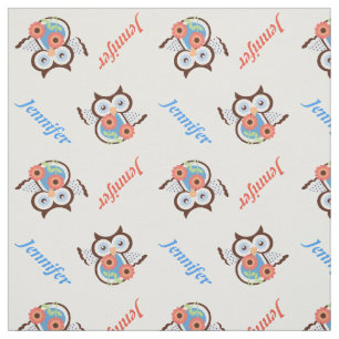 Spring owl, flowers and name personalized fabric