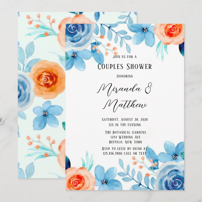 Spring Paint Blue Orange Florals Couples Shower In Invitation (Front/Back)