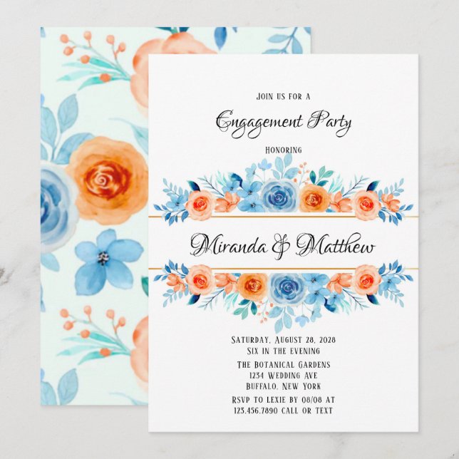Spring Paint Blue Orange Florals Engagement Party Invitation (Front/Back)