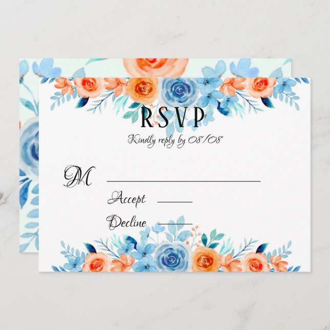 Spring Paint Blue Orange Florals Wedding RSVP Card (Front/Back)