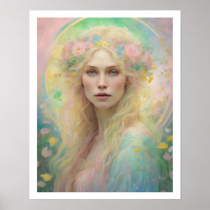 Spring Pastel Art Deco Woman Blonde Hair Rose Crow Poster