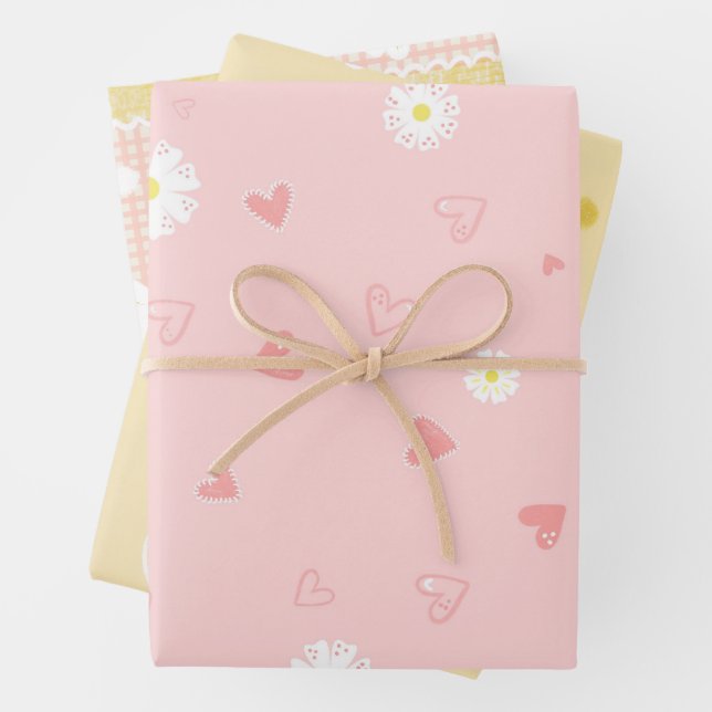 Spring Pastel Floral & Hearts Wrapping Paper Sheet (In situ)