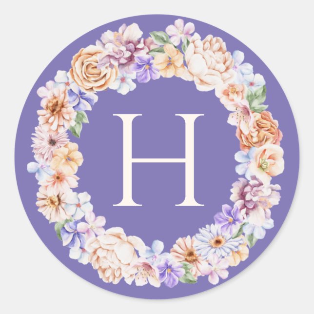 Spring Pastel Floral Wreath Monogram Classic Round Sticker (Front)