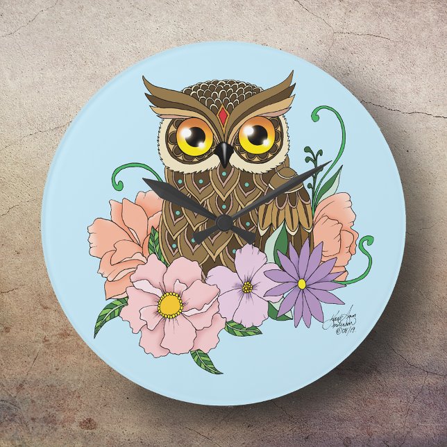 Spring Pastel Flowers Owl Large Clock (Creator Uploaded)