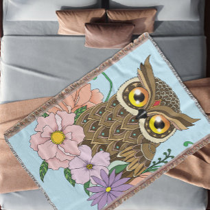 Spring Pastel Flowers Owl Throw Blanket