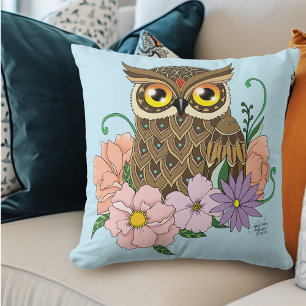 Spring Pastel Flowers Owl Throw Pillow