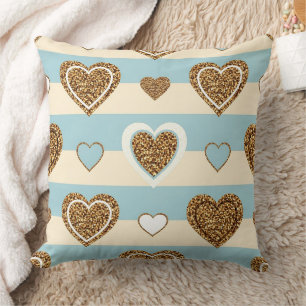Spring Pastel Heart Stripe with Gold Accents Throw Pillow