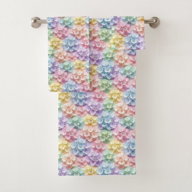 Spring Pastel Hydrangeas and Diamonds Towel Set (Insitu)