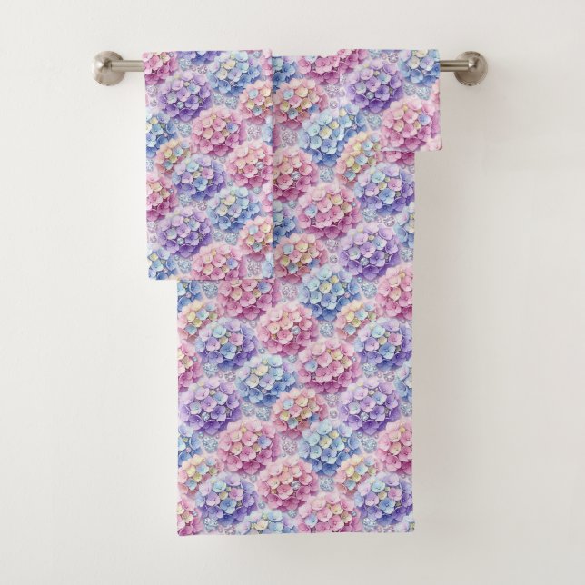 Spring Pastel Hydrangeas and Diamonds Towel Set (Insitu)