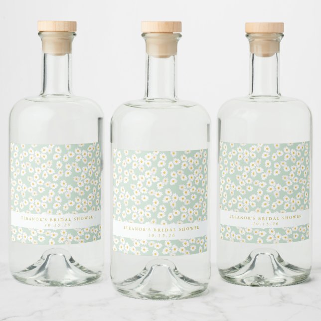 Spring Pastel Sage Daisies Bridal Shower Custom  Liquor Bottle Label (Bottles)
