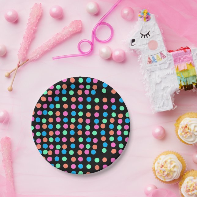 Spring Pastel Spots on Black  Paper Plate (Party)