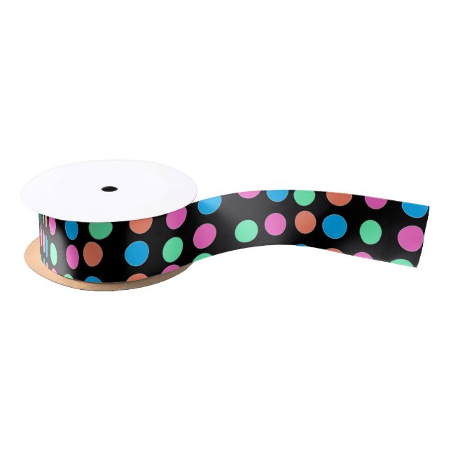 Spring Pastel Spots on Black  Satin Ribbon (Spool)