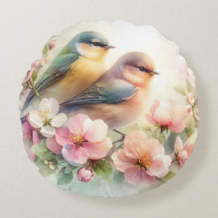 Spring Pastel Sweet Love Birds Blossoms Flowers Round Pillow