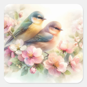 Spring Pastel Sweet Love Birds Blossoms Flowers Square Sticker