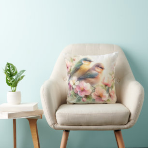 Spring Pastel Sweet Love Birds Blossoms Flowers Throw Pillow