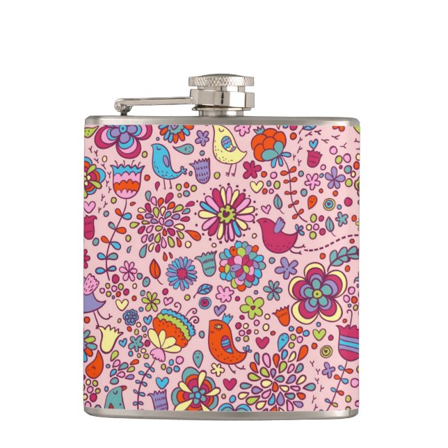 Spring pattern with colourful flowers hip flask (Front)