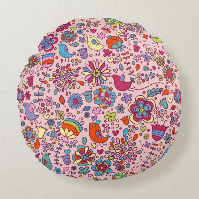 Spring pattern with colourful flowers round pillow (Front)