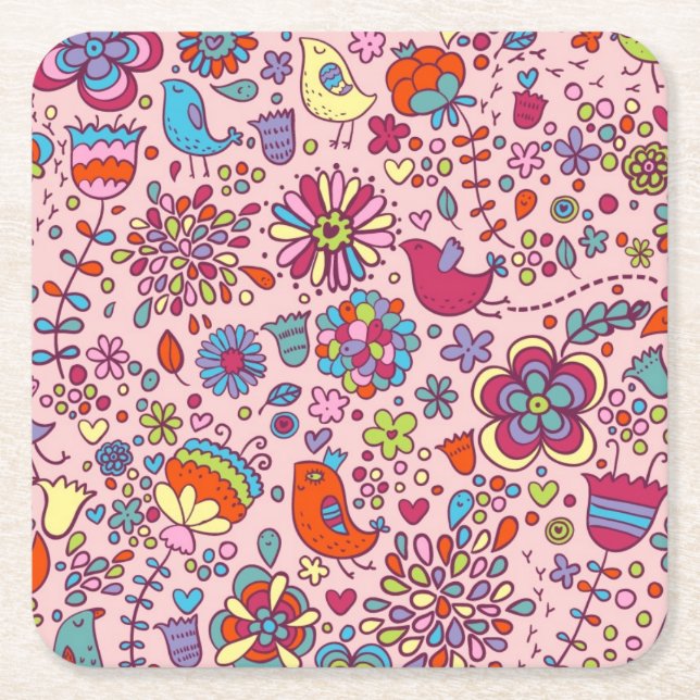 Spring pattern with colourful flowers square paper coaster (Front)