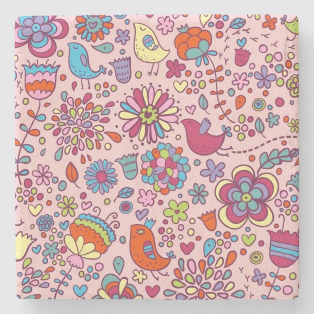 Spring pattern with colourful flowers stone coaster (Front)