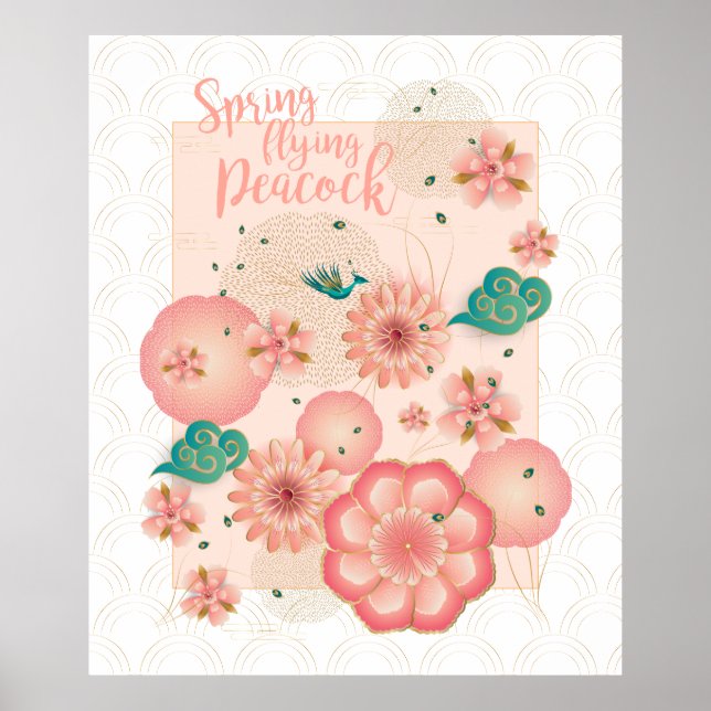 Spring Peach Garden Flying Peacock Floral Ornament Poster (Front)