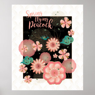 Spring Peach Garden Flying Peacock Floral Ornament Poster