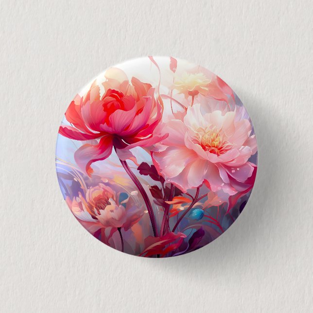 Spring Peony Bloom Garden Watercolor 1 Inch Round Button (Front)