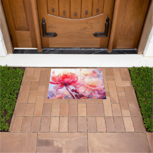 Spring Peony Bloom Garden Watercolor Doormat