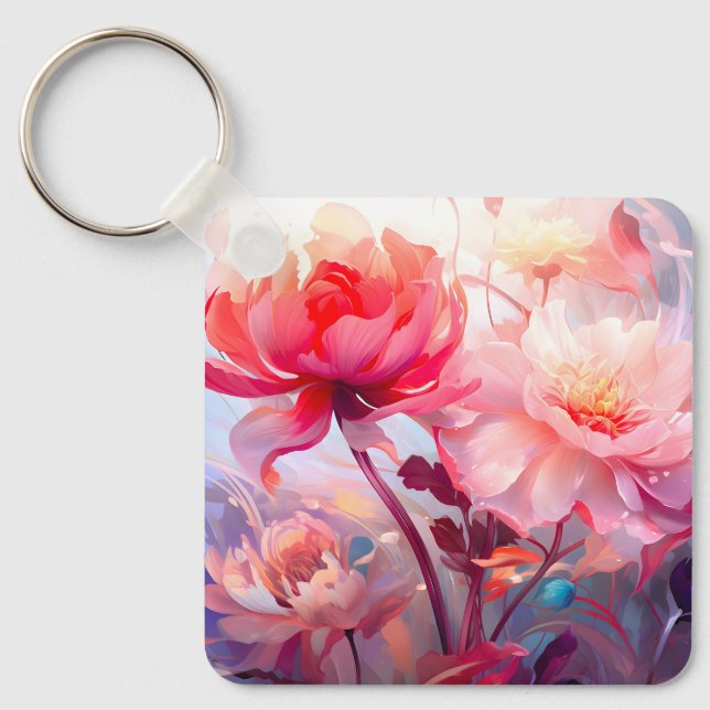 Spring Peony Bloom Garden Watercolor Keychain (Front)