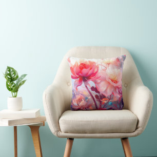 Spring Peony Bloom Garden Watercolor Throw Pillow