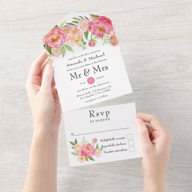 Spring Peony Flower Wedding All In One Invitation (Tearaway)