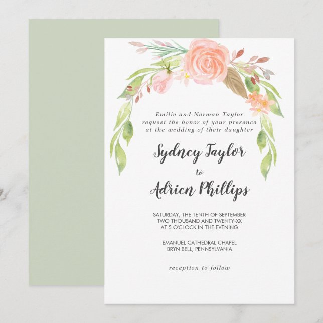 Spring Peony Formal Wedding Invitation (Front/Back)