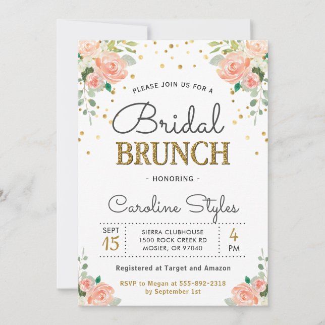 Spring Peony Gold Glitter Elegant Bridal Brunch Invitation (Front)