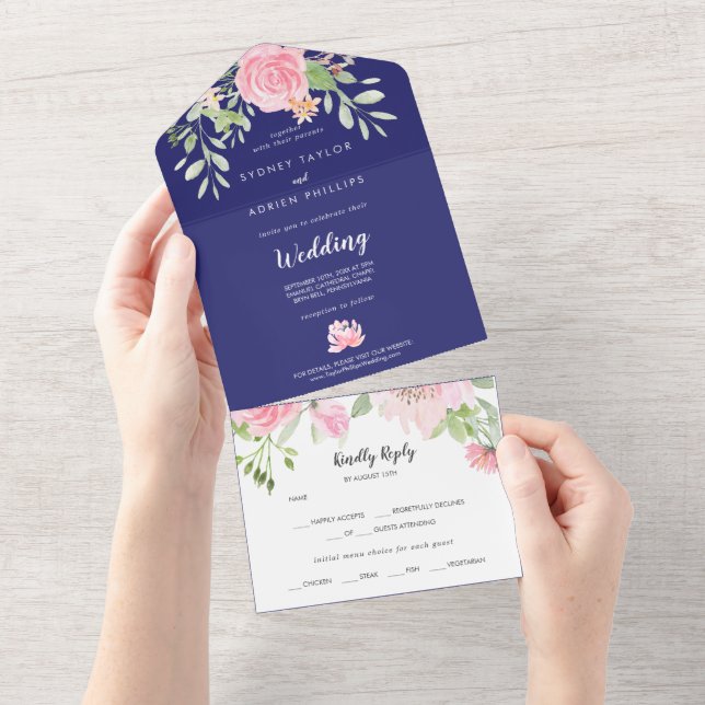 Spring Peony Navy White Wedding All In One Invitation (Tearaway)