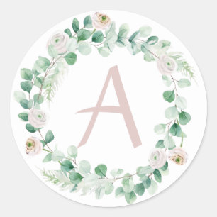 Spring peony wreath with letter customisable classic round sticker