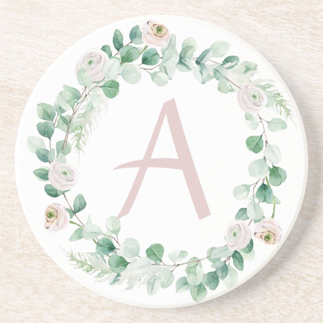 Spring peony wreath with letter customisable coaster (Front)