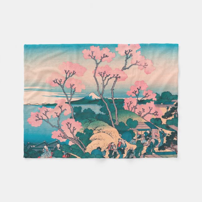 Spring Picnic under Cherry Tree Flowers Mount Fuji Fleece Blanket (Front (Horizontal))