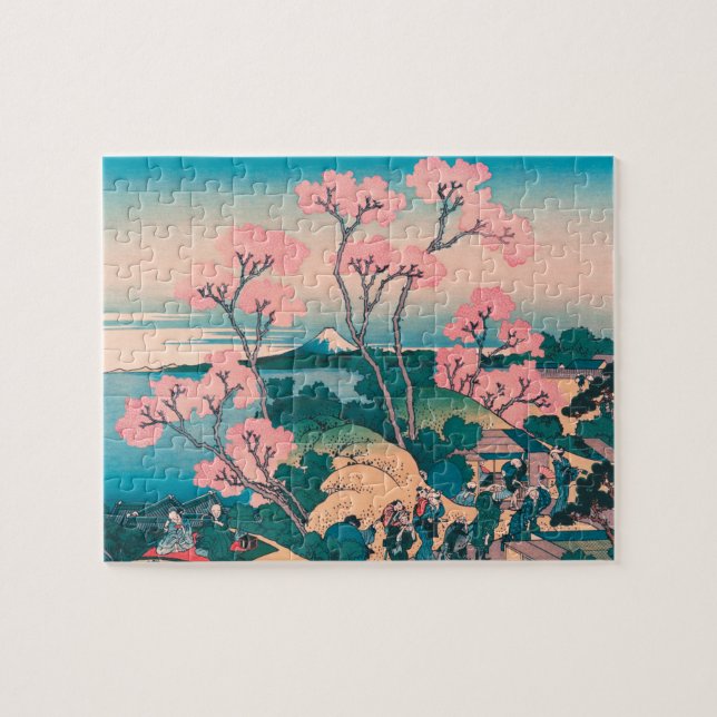Spring Picnic under Cherry Tree Flowers Mount Fuji Jigsaw Puzzle (Horizontal)
