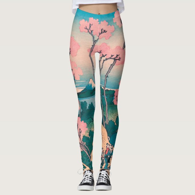 Spring Picnic under Cherry Tree Flowers Mount Fuji Leggings (Front)