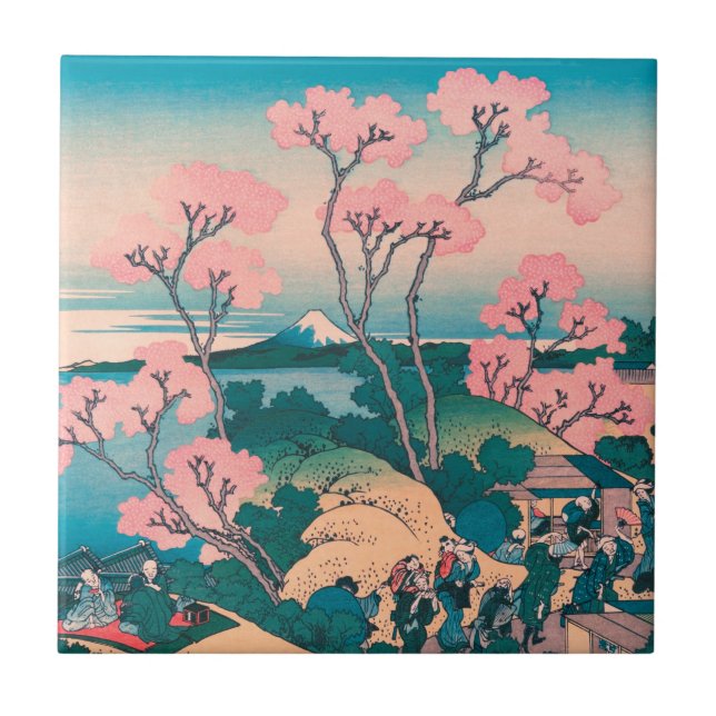 Spring Picnic under Cherry Tree Flowers Mount Fuji Tile (Front)