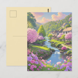 Spring Pink Blooms Scenic Riverside Nature Postcard