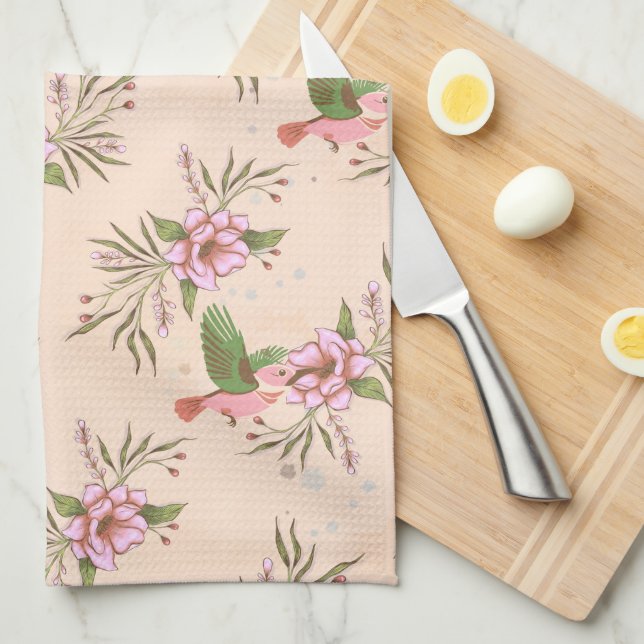 Spring Pink Blossom with Birds Pattern Kitchen Towel (Quarter Fold)